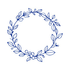 A blue floral wreath with leaves and flowers arranged in a circular pattern