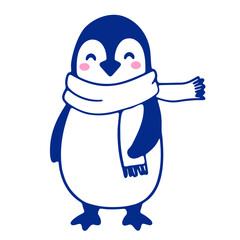 A cute blue penguin wearing a white scarf, standing against a plain background