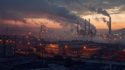 Fototapeta premium A factory can be seen with thick smoke billowing from its chimneys against a beautiful sunset backdrop