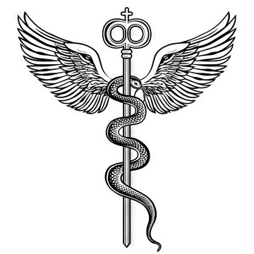A black and white illustration of the caduceus, a symbol of medicine. The caduceus features a snake wrapped around a staff with wings.
