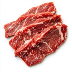 Obraz premium Succulent Marbled Beef Slices with Intricate Fat Patterns on White Background