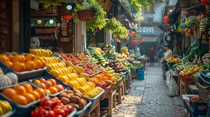 Fototapeta premium Vibrant Fruit Stalls Line a Cobblestone Alleyway in China
