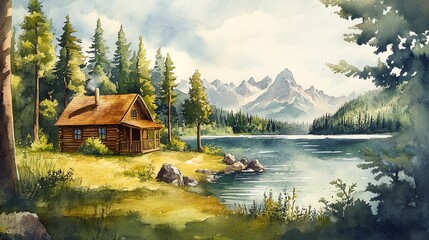 Fototapeta premium A peaceful watercolor painting of a log cabin nestled near a lake with mountain views.
