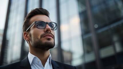 Fototapeta premium Confident Businessman in Front of Modern Office Building | Corporate Professional Vision