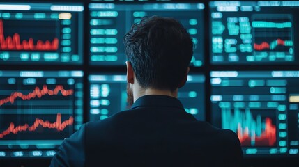A person analyzes financial data on multiple screens displaying stock market graphs and metrics.