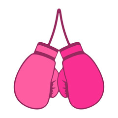A pair of pink boxing gloves hanging on a white background