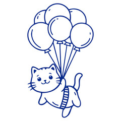 A cute white cat floating with a bunch of colorful balloons