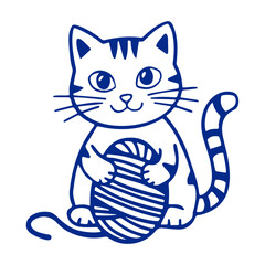 A blue cartoon cat sitting and playing with a ball of yarn