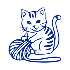 A blue cartoon cat sitting and playing with a ball of yarn
