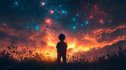 Fototapeta premium A lone figure stands in a field, gazing up at a night sky filled with twinkling stars and vibrant constellations. .