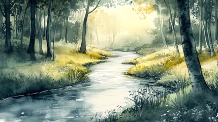Fototapeta premium A serene watercolor painting of a winding river through a sunlit forest.
