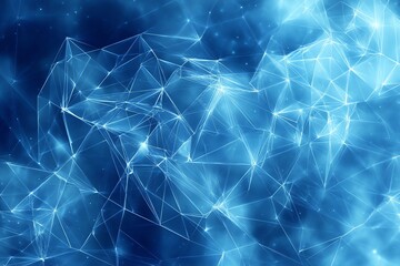 Abstract blue and white glowing network with blurred lights on a dark blue background.