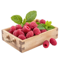 Wooden tray with raspberries isolated on a white background. PNG