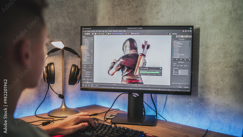 Poster young designer creates 3d model of game character using pc. interface of professional 3d modeling so