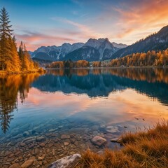 Fototapeta premium A breathtaking autumn landscape of a serene lake reflecting mountains during sunset, perfect for nature, travel, or outdoor adventure designs.