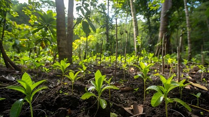 Tropical Rainforest Ecosystem Project with Replanted Saplings and Underbrush