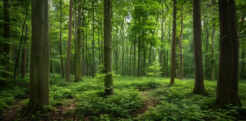 Fototapeta premium Vibrant Restored Old Growth Forest Ecosystem with Diverse Canopy and Understory