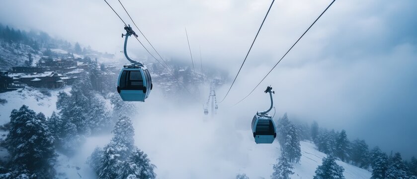Bird&rsquo;s-eye view of the Gulmarg cable car in winter, suspended over a pristine blanket of snow, showcasing the serene and majestic winter scenery