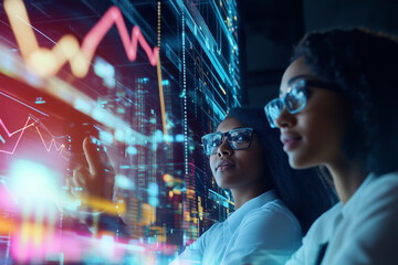 Afro-American women's business team analyzing financial data on digital screens, promoting inclusivity and corporate growth.