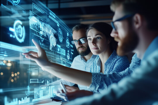 Focused corporate team discussing business strategies in a high-tech office space, using modern digital tools for collaboration.