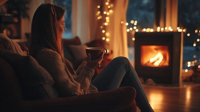 Woman relaxing on a cozy armchair by a warm fireplace with a cup of hot drink, enjoying the evening.