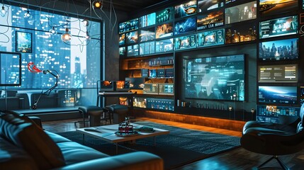 Naklejka premium Futuristic AI Powered Home Entertainment System Tailored to User s Preferences