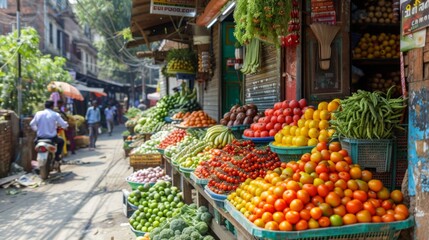 Obraz premium Vibrant Produce Stalls in a Bustling Market