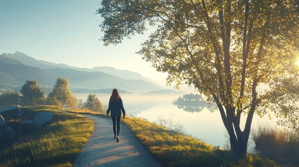 A woman walks along a paved path leading towards a misty lake and mountains.