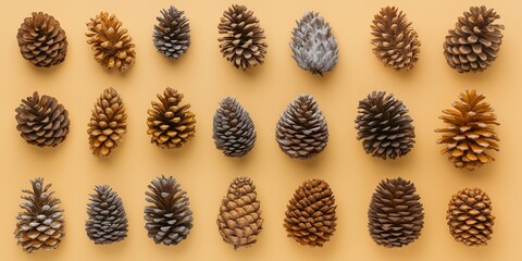 A row of pine cones are arranged in a pattern on a yellow background. The pine cones are of different sizes and colors, creating a visually interesting and diverse display