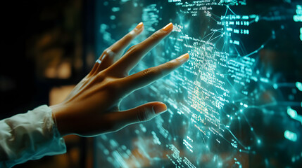 Fototapeta premium A hand reaches out to interact with a glowing digital interface filled with data and codes, showcasing technology and innovation.