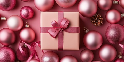 A pink box with a ribbon sits on a table with many pink balls. Concept of joy and celebration, as the pink balls and ribbon suggest a festive occasion. The box itself could be a gift