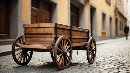 Obraz premium Wooden cart on cobblestone street background