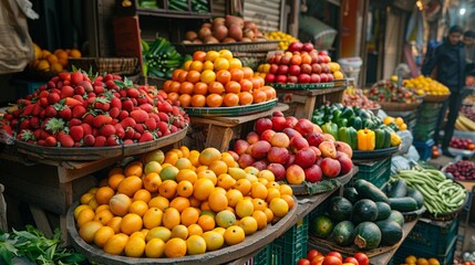 Vibrant Fruit and Vegetable Display in a Busy Market