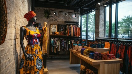 A dynamic shot of a minority-owned fashion boutique showcasing cultural attire and modern designs