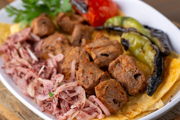 Traditional delicious Turkish foods; Lamb skewers (Turkish name; cop sis)