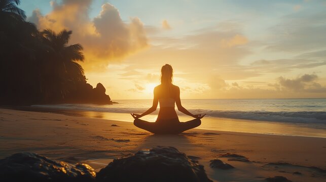 A woman meditates on a sandy beach at sunset, with a view of the ocean and palm trees.