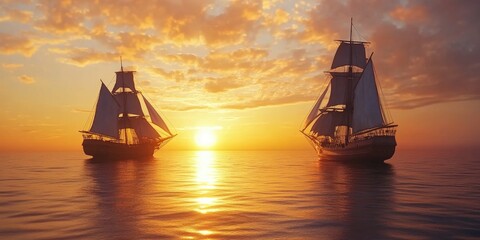 Fototapeta premium Sailboats in Ocean Sunset
