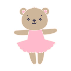 A cute beige teddy bear wearing a pink dress, with a smiling expression and large eyes