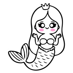 A cute cartoon mermaid with a crown on her head, smiling and making a peace sign with her hand
