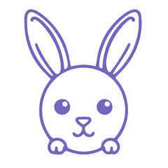 A cute purple rabbit with large ears peeking out from behind a white background