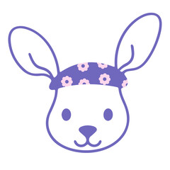 A cute purple bunny with large ears and a floral headband, on a white background