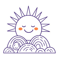 A smiling sun with a happy expression peeking out from behind colorful rainbow-like shapes in the background