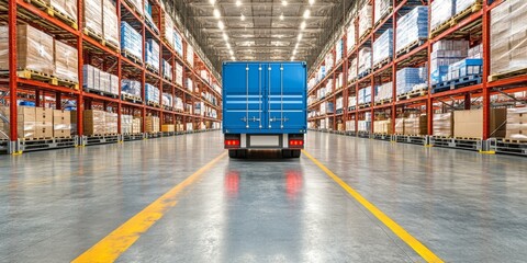 Fototapeta premium Industrial warehouse and logistics firms with stocked boxes on elevated shelves