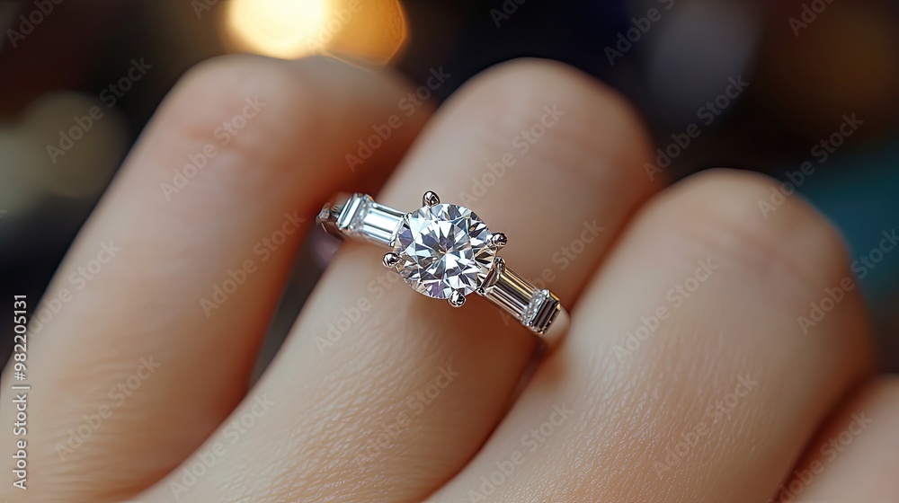 Sticker A delicate finger adorned with a luxury baguette and solitaire diamond engagement ring, sparkling brilliantly.