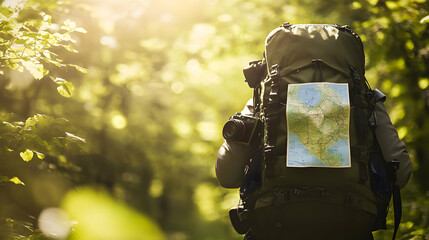 A hiker with a backpack walks through a sunlit forest, carrying a map, exploring nature.