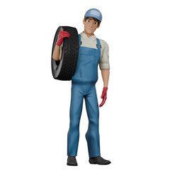 Mechanic Character 3D. A male mechanic is standing with his right hand carrying a small crank that is in front of his left chest. Illustrated Male Worker