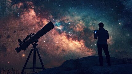 An astronomer using a high-powered telescope in a remote observatory, under a sky filled with stars and the Milky Way