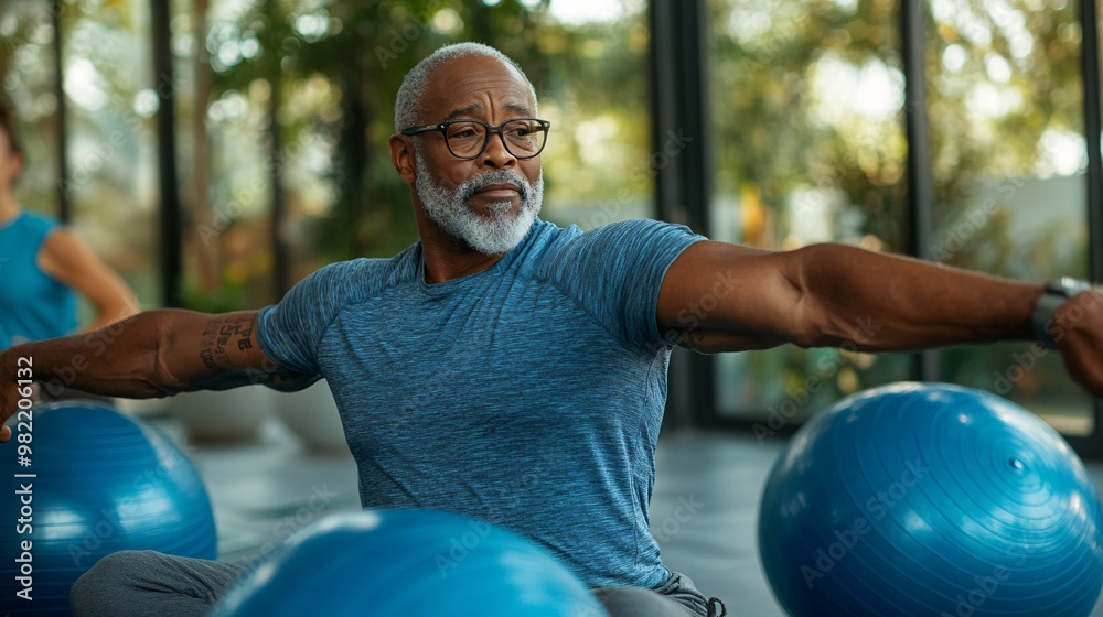 Poster an elderly man receiving in-home physical therapy. the therapist is guiding him through a gentle exe