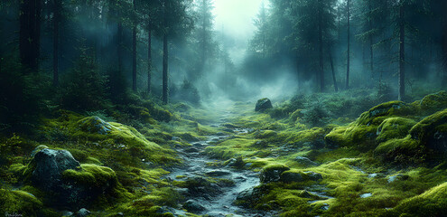 “Dark Mossy Forest with a Foggy Path”
