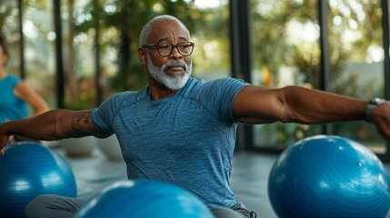 An elderly man receiving in-home physical therapy. The therapist is guiding him through a gentle exercise while seated, focusing on recovery and mobility improvement. The setting is serene and